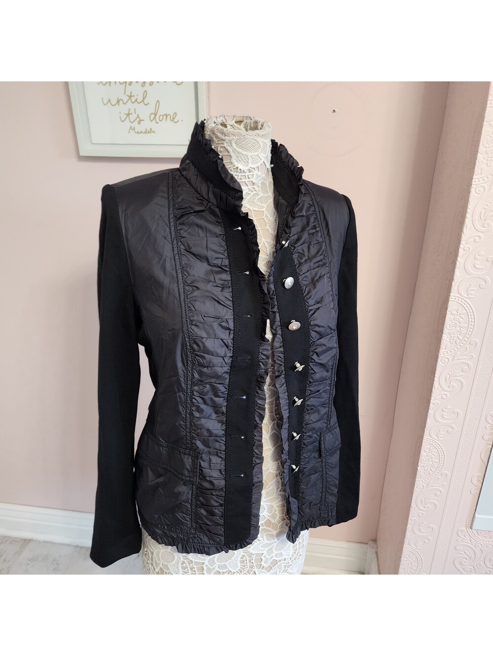 Christin Alexander Black Ruffle Mixed Media Jacket Size M Flawless